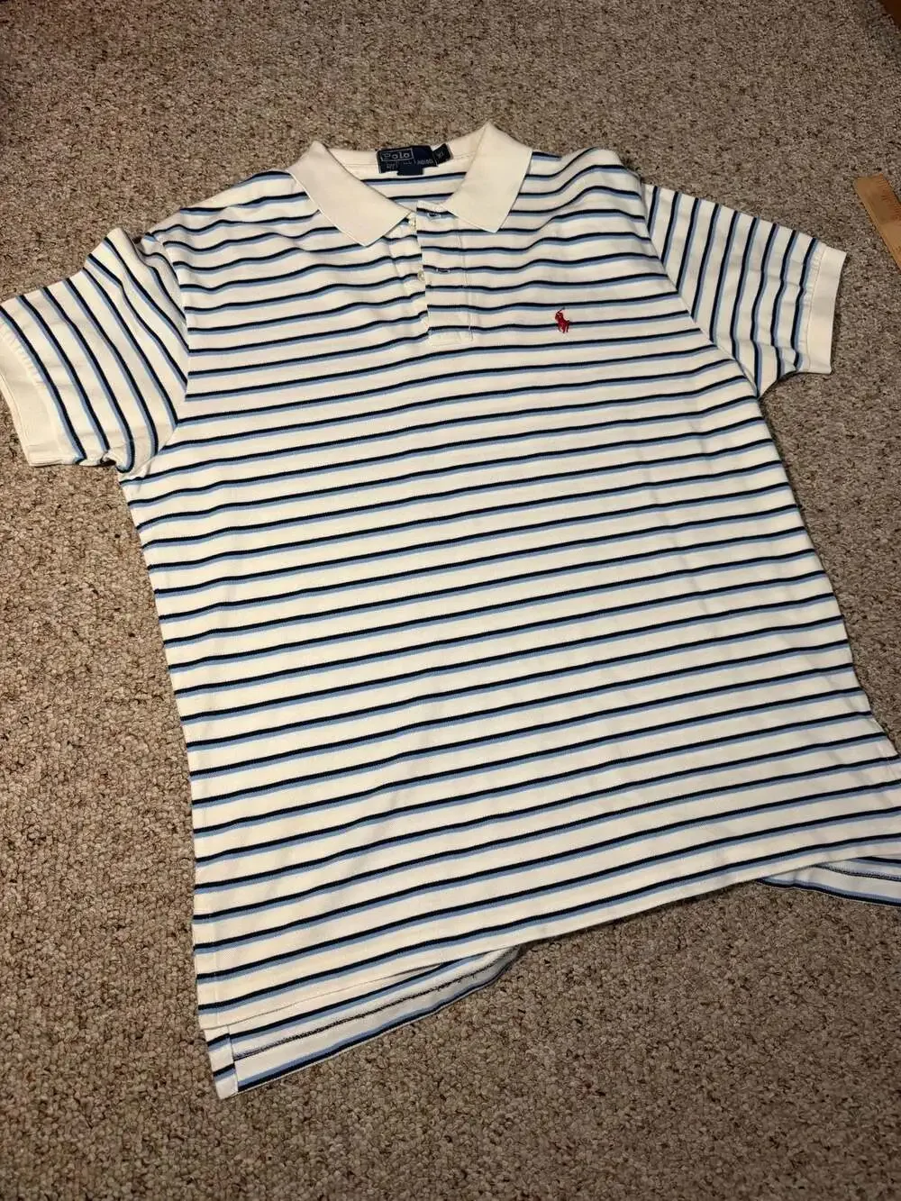 Polo Ralph Lauren Mens Vintage‎ Striped Pique Polo Shirt XL White Blue